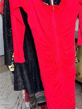 Fashion Nova Red Long-Sleeve Ruched Pearl-Accent Dress
